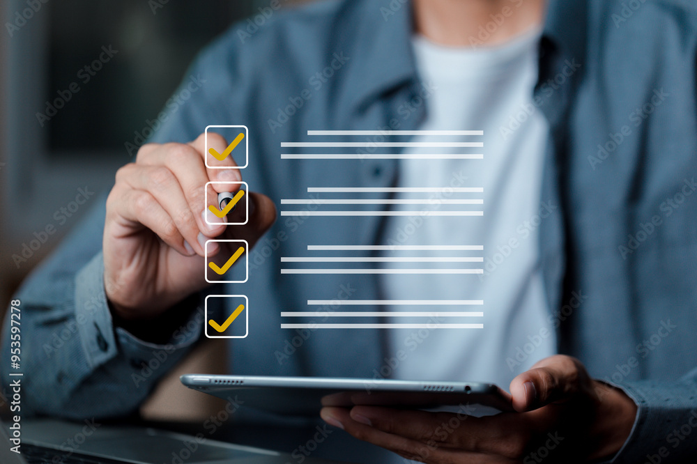 Poster business performance checklist, businessman using laptop to check checkboxes to approve documents in