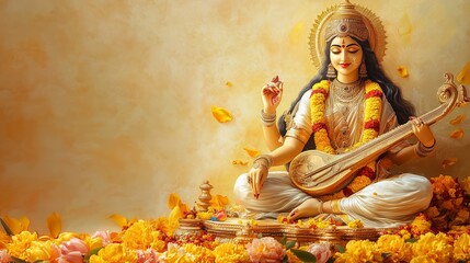 Goddess Saraswati Playing Veena Surrounded By Golden Flowers Symbolizing Wisdom Knowledge Music And Spiritual Enlightenment