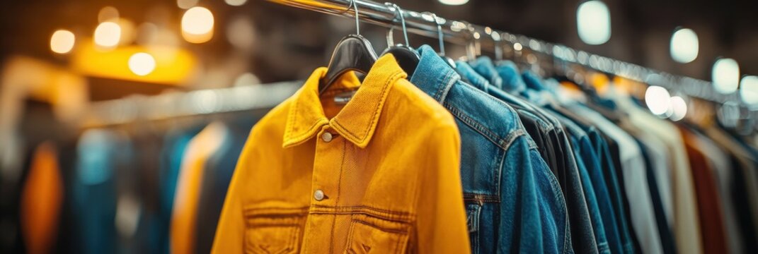 Rack of jeans and jackets in urban store with bokeh lights, retro fashion concept