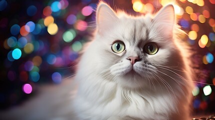 White cat in front of festive lights