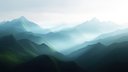 Obraz premium A serene mountain landscape with soft light and mist, evoking tranquility and natural beauty.