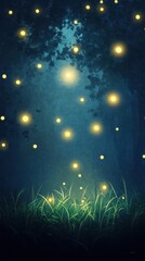 A serene night scene with glowing fireflies illuminating a dark forest, creating a magical and tranquil atmosphere.