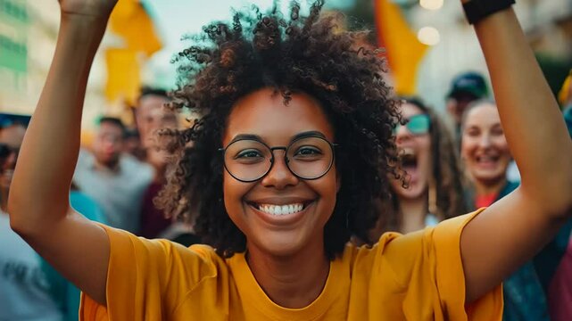 Joyful young woman with glasses and curly hair celebrating with crowd