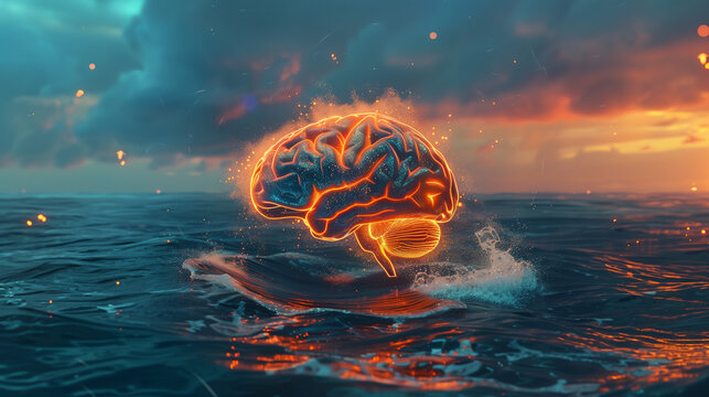 Surreal image of a brain emerging from the ocean with glowing light