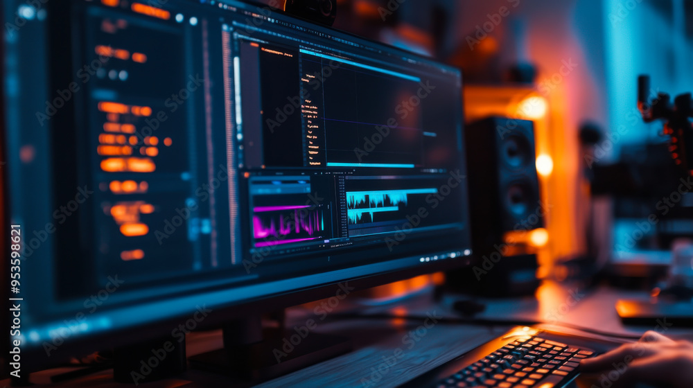 Poster a person coding on a dual-screen setup with vibrant lighting in a modern workspace at night