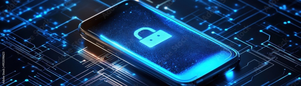 Poster a modern smartphone displays a glowing padlock symbol, representing advanced security and data prote