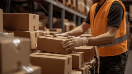 Close-up of gloved hands preparing product boxes in warehouse, quality control concept