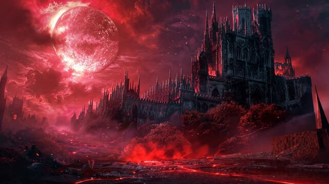 In a dark fantasy realm, a towering castle looms amidst an eerie red glow, illuminated by a massive blood moon. Dark clouds swirl around this ominous scene, creating a sense of foreboding
