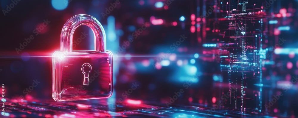 Poster a digital lock representing cybersecurity and data protection, illuminated by vibrant blue and red l