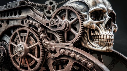 Fototapeta premium Intricate Steampunk Art with Metallic Human Skull, Gears, Cogs, Chains, and Rusty Industrial Machinery Elements Depicting a Fusion of Life and Mechanical Engineering