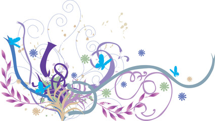 A vibrant and intricate design featuring swirling vines, delicate flowers, 