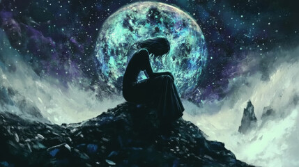 A contemplative figure sits on rocky surface, gazing at large, luminous moon surrounded by starry sky, evoking sense of solitude and wonder.