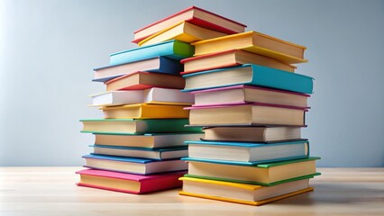 Fototapeta premium A colorful, organized stack of various-sized books with subtle shadows, minimalist design, and clean lines, conveying