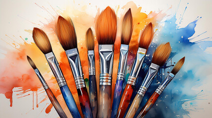Fototapeta premium brushes and paints, bunch of paint brushes with watercolor stains on the backgrounds