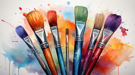 brushes and paints, bunch of paint brushes with watercolor stains on the backgrounds