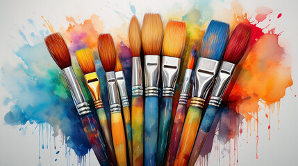 Fototapeta premium bunch of paint brushes with watercolor stains on the backgrounds