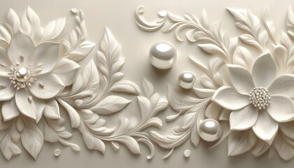 A beautiful fantasy vintage flower wallpaper with white color variation made from a 3d model of flowers and leaves.