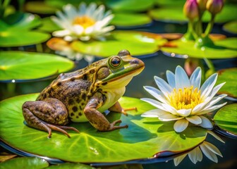 Obraz premium A colorful toad perches on a vibrant green lily pad surrounded by delicate white lily flowers and lush aquatic foliage in a serene pond setting.