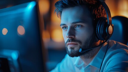 Focused gamer wearing a headset during a competitive online gaming session