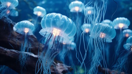 Many light blue jellyfishes in deep dark blue water. Neural network ai generated art