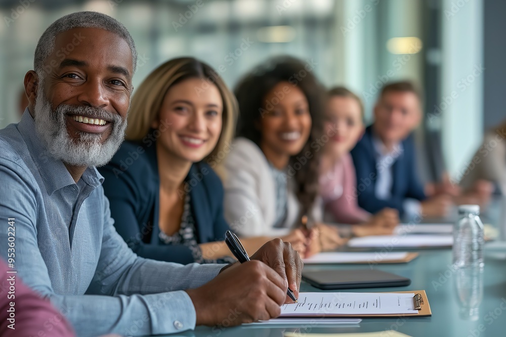 Aufkleber A diverse business team is actively collaborating and brainstorming innovative ideas in a modern conference room, utilizing effective communication strategies to enhance teamwork and productivity