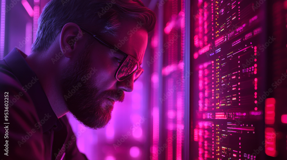 Poster a focused individual analyzing data on server displays illuminated in vibrant pink light during nigh