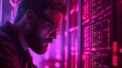 A focused individual analyzing data on server displays illuminated in vibrant pink light during nighttime in a tech environment