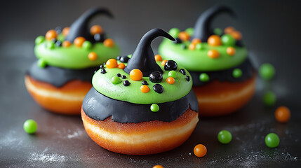 Donuts decorated to look like witches' cauldrons, with green and black frosting and candy bubbles