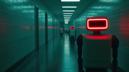 Fototapeta premium Futuristic Robots in a Dimly Lit Hallway of a Modern Facility with Neon Lights