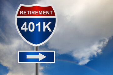 Red and blue road sign with retirement and 401K word