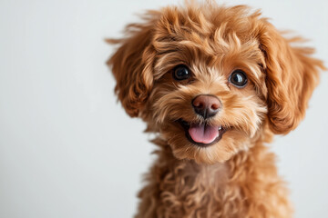 Cute fluffy portrait smile Puppy dog Poodle that looking at camera isolated on white background, funny moment, lovely dog, pet concept
