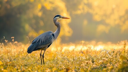 Fototapeta premium Heron standing in a sunlit field with a soft bokeh background