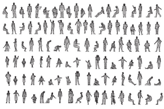 Set with people wireframe in different positions from black lines isolated on white background. Men, women and children walking, running, standing, sitting. Vector illustration. 3D