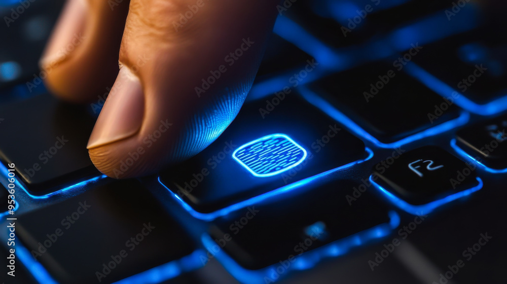 Poster a close-up of a finger pressing a glowing blue keyboard button in a dimly lit room while engaged in 