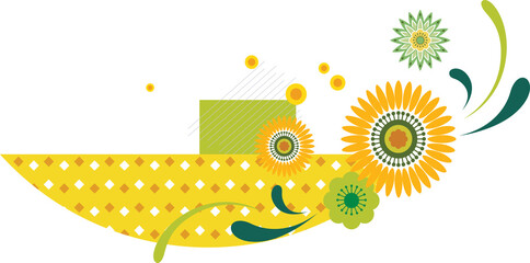 Abstract floral Illustration  design with vibrant yellow and orange sunflowers and green leaves on a white  background