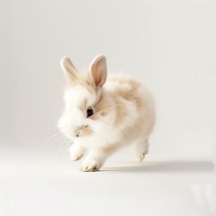 Obraz premium A White and Tan Rabbit Running Across a White Surface