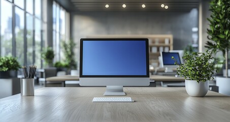 Modern Office with Computer on Desk and Bright Lighting
