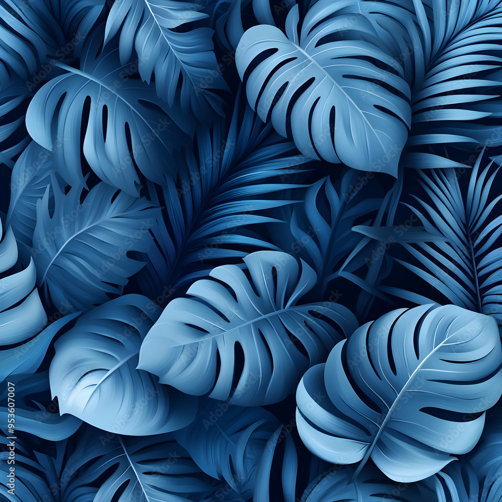 Wall mural Blue Tropical Leaf Pattern Background