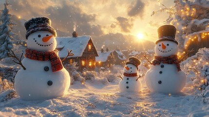 Obraz premium Cozy Winter Village. A charming winter village scene with snow-covered cottages, twinkling lights, and a festive atmosphere.