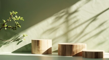 3D rendering of natural wood podiums for product presentation on a green background.