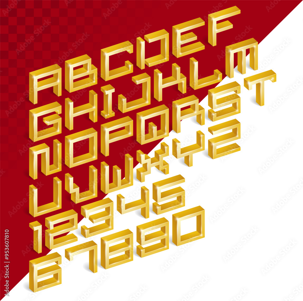 Poster golden 3d font vector design, gold alphabet letters and numbers in dimensional cubic style, shiny el