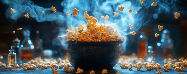 Popcorn spilling out of a small cauldron, with steam and Halloweenthemed props like mini broomsticks and potion bottle