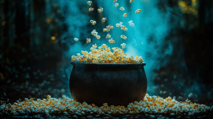 Popcorn spilling out of a witch s cauldron with a mystical, dark forest background, The cauldrons rim