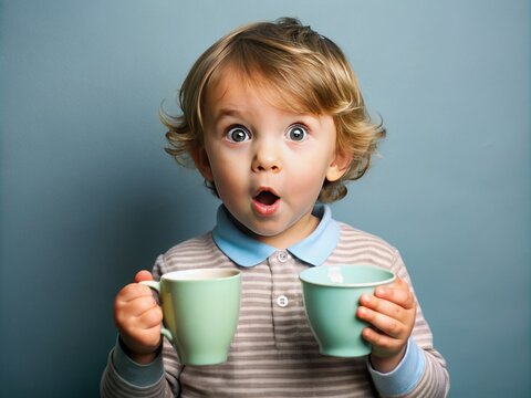 A curious child closely observes and mimics an adult's actions, holding a similarly styled cup and making identical