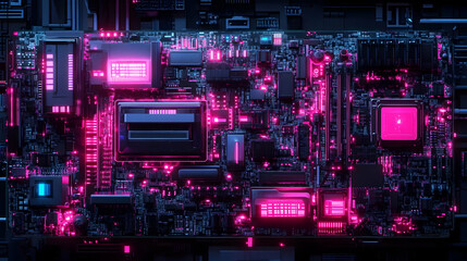 Futuristic Circuit Board with Pink Neon Lights