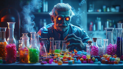 Frankenstein monster in a lab surrounded by candy