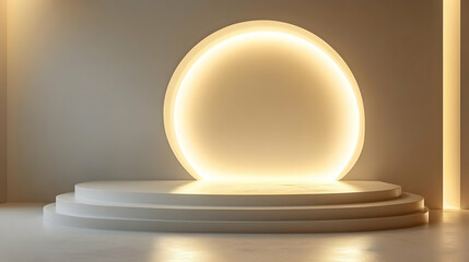 Minimalist White Podium with Circular Backdrop and Golden Light