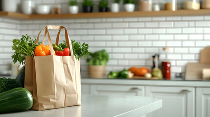 Brown Paper Bag of Fresh Produce on Kitchen Countertop