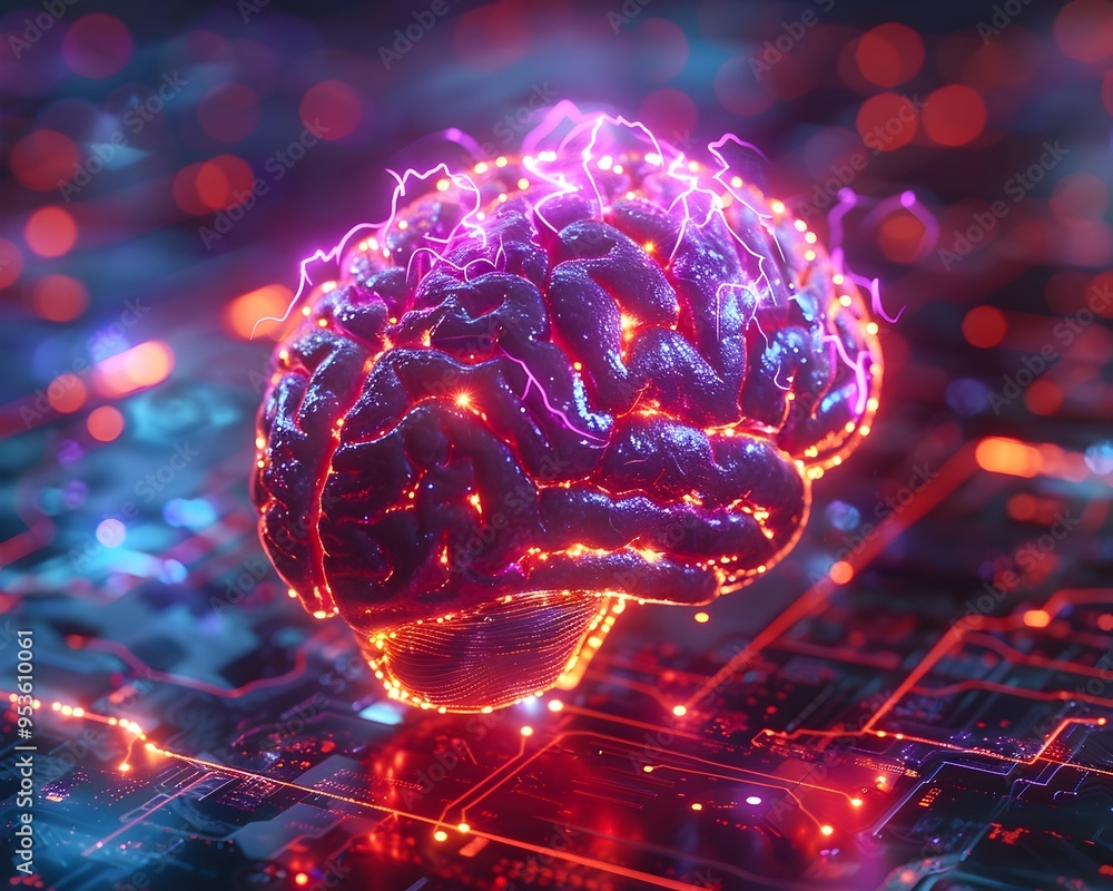 Poster neon lit futuristic brain with electrical neural circuits representing thought processes