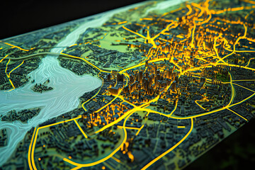 Fototapeta premium Technical aerial visual, 3D LiDAR GIS aerial map satellite scan model isolated, showing Vientiane, Laos. Elevation, topography, render